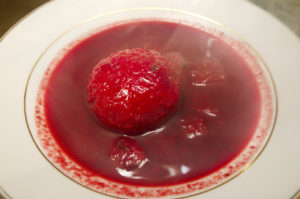 Middle Eastern cuisine, Kubbeh matfuniya (Arabic word kubbah means "ball") Red Kubbeh matfuniya in a soap bowl.